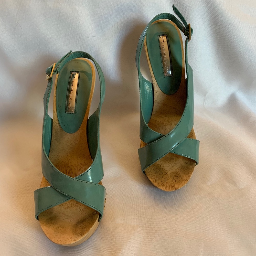 H by Halston Emma Heels In Blue Cloudy Color and Wood!